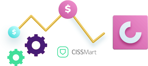 Logo do CISSMart e elementos gráficos com cifrão e engrenagens