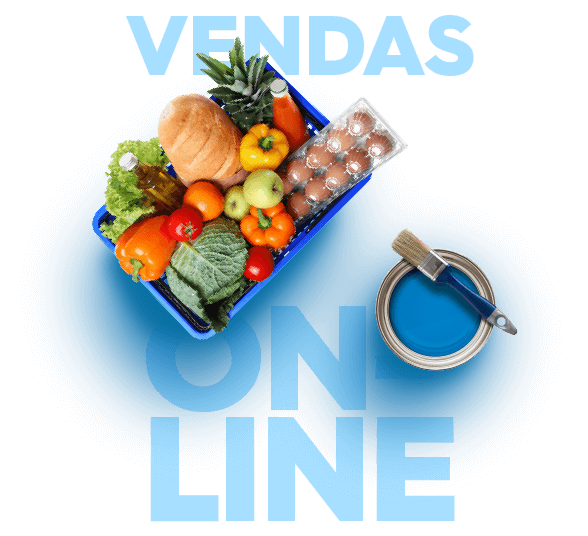 Venda online com cesta de alimentos com frutas, legumes e ovos e uma lata de tinta azul